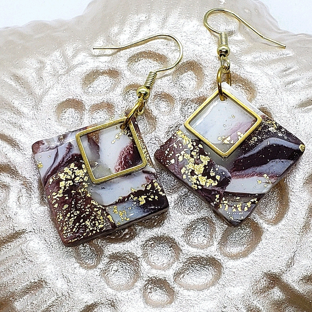 Burgundy and white square earrings